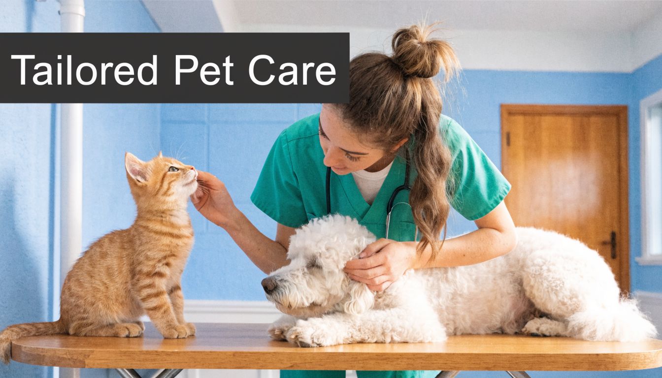A female veterinarian wearing green scrubs examines a small orange kitten and a white dog.