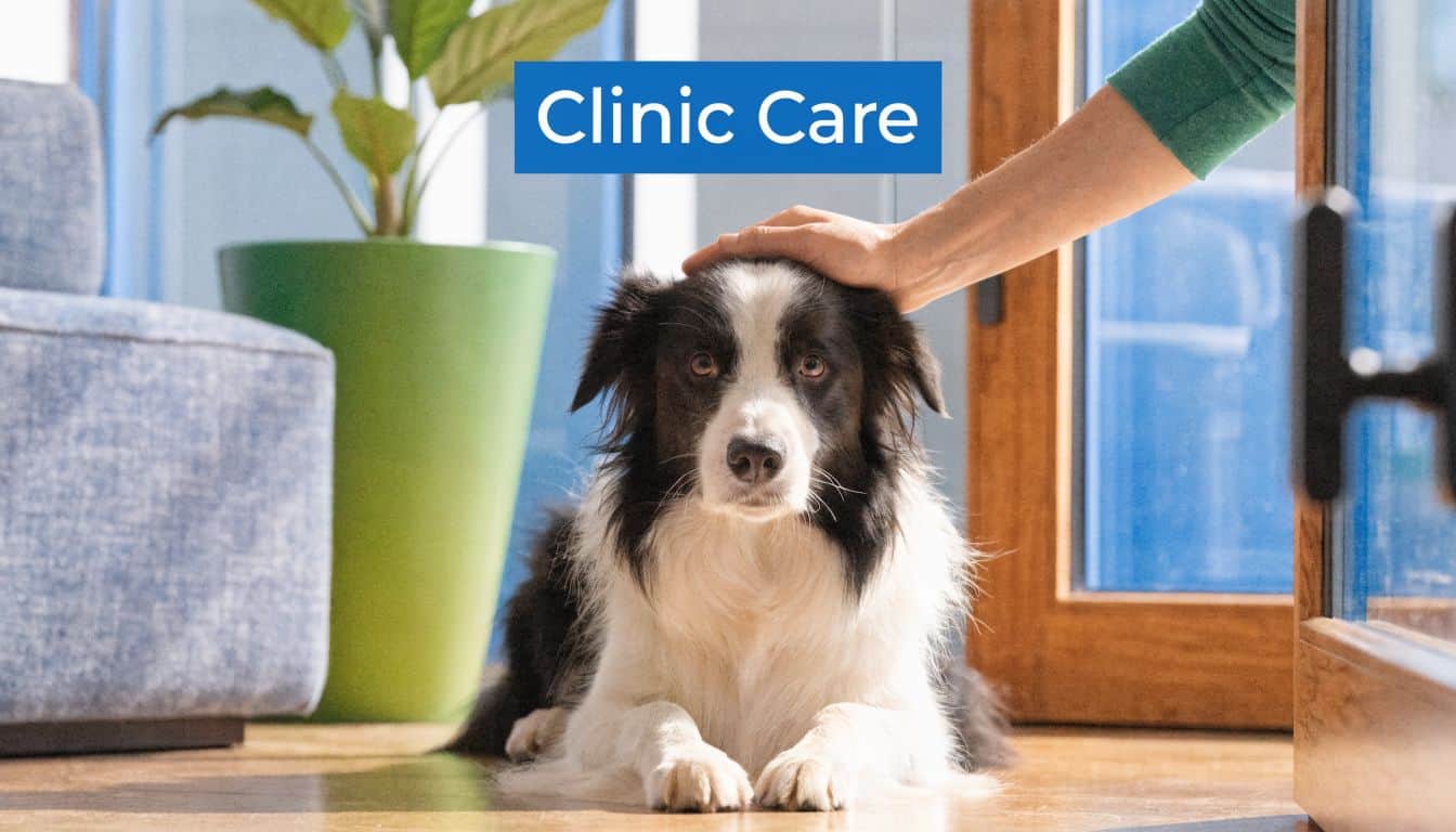 A gentle hand pets a border collie dog sitting on a wooden floor in a clinic setting.