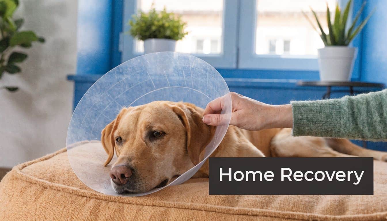 A yellow Labrador wearing a plastic recovery cone rests on a soft cushion while being petted.