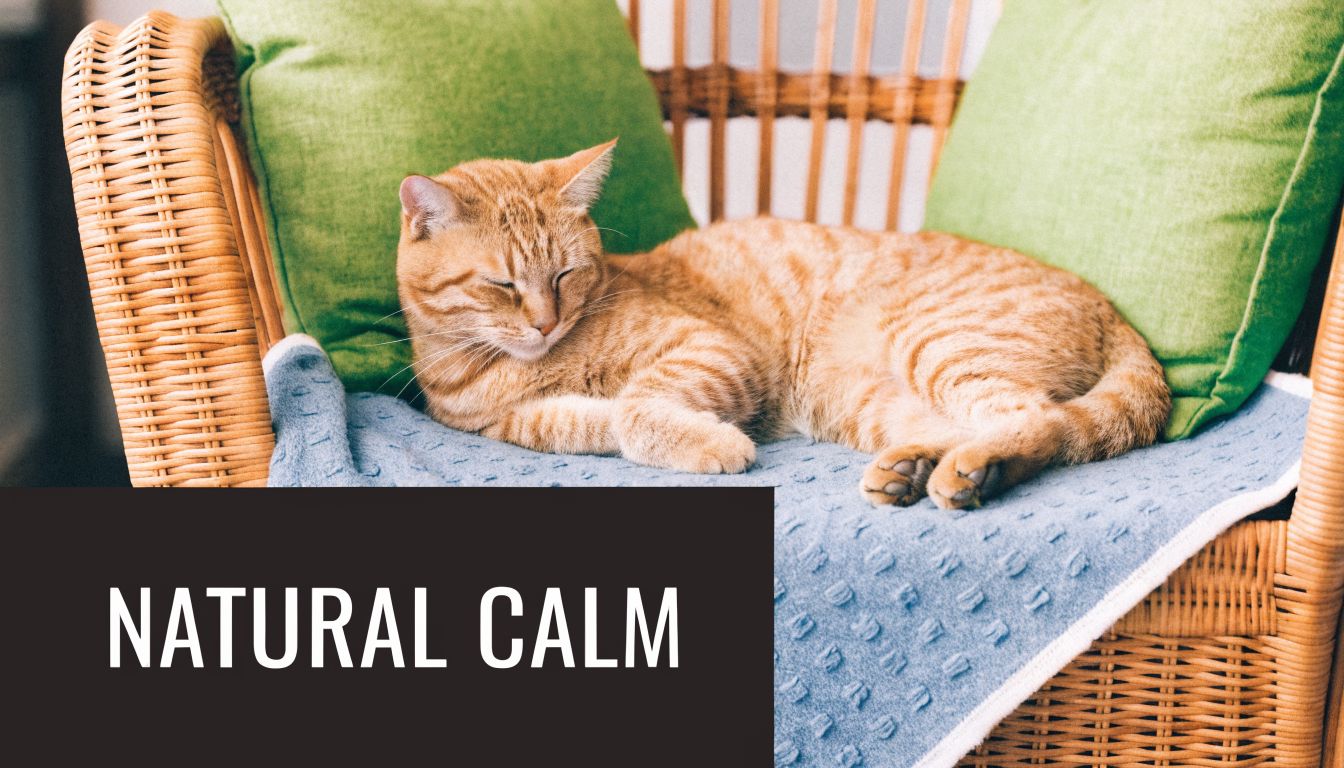 A ginger tabby cat sleeping peacefully on a blue blanket in a woven wicker chair with green pillows.