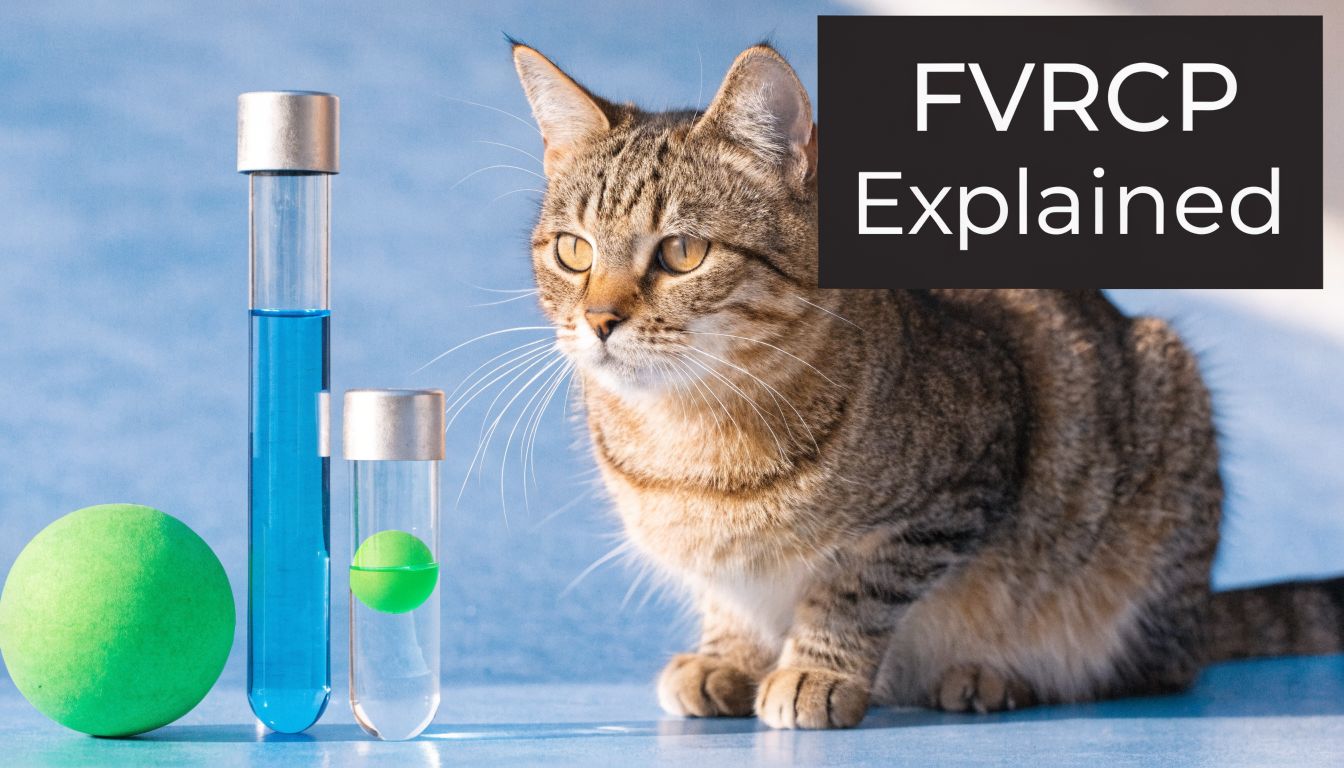 A brown tabby cat sitting next to laboratory glass test tubes and a green ball.